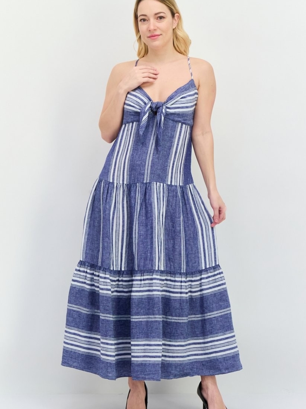 Lauren Ralph Lauren Blue and White Striped Tie-Front Maxi Dress